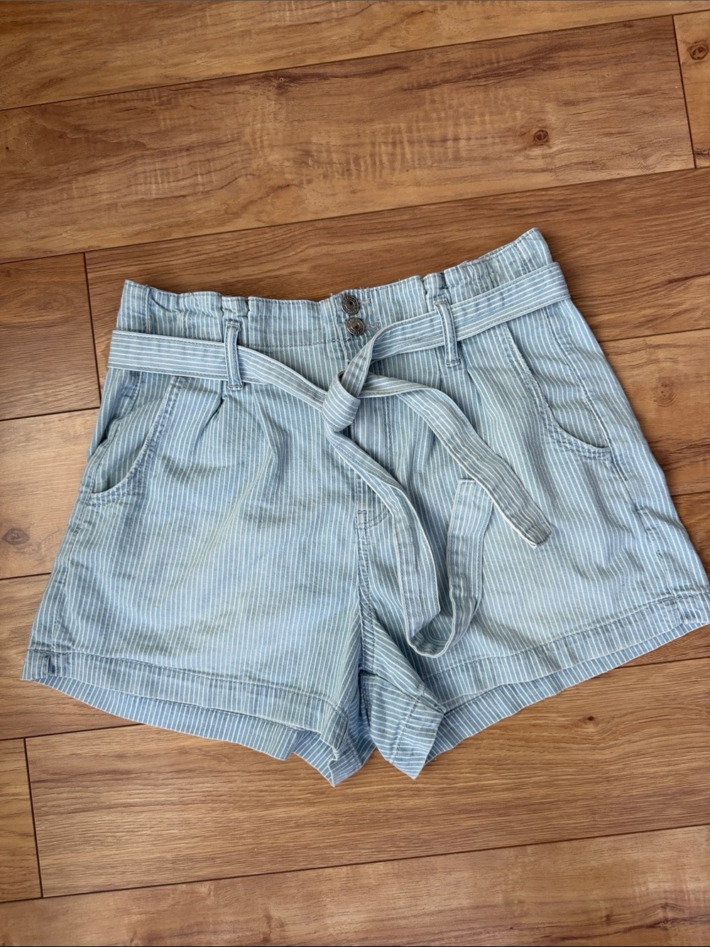 American Eagle Outfitters Light Blue Pinstriped High-Waist Shorts with Tie